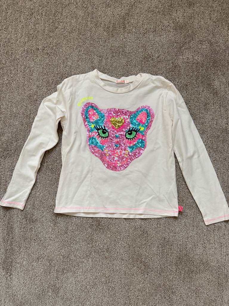 Billieblush Cream Long Sleeve Top With Pink Sequin Cat
